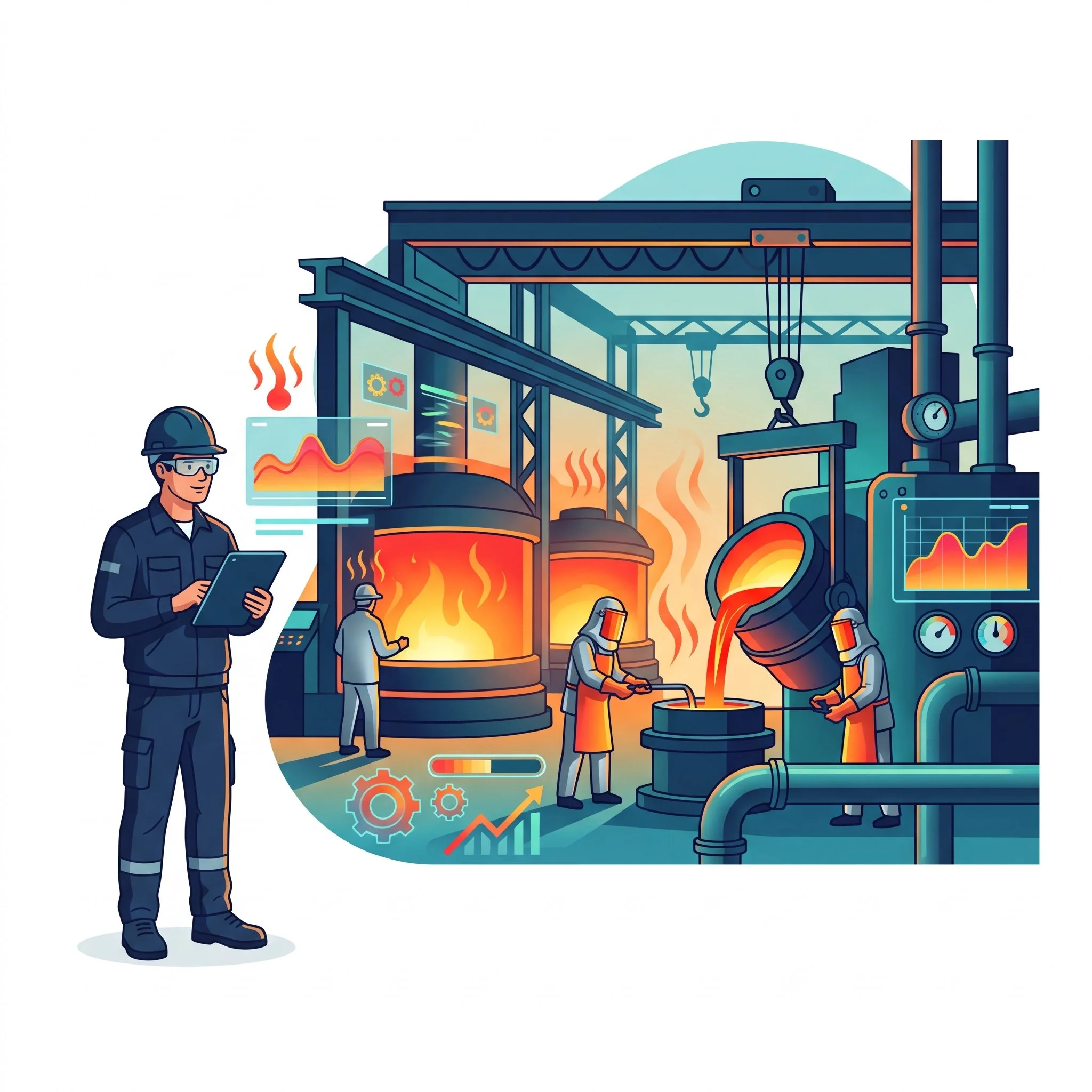 Illustration of a factory with blue buildings, pipes, and a control room, with workers and monitoring screens showing data and graphs.