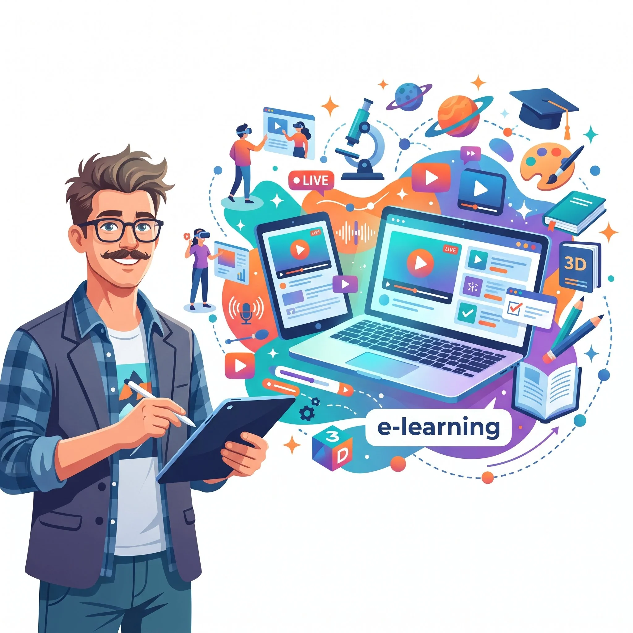Illustration of a man with glasses and a mustache, holding a pen and a tablet, surrounded by digital devices, screens, and symbols related to e-learning, technology, and online education.