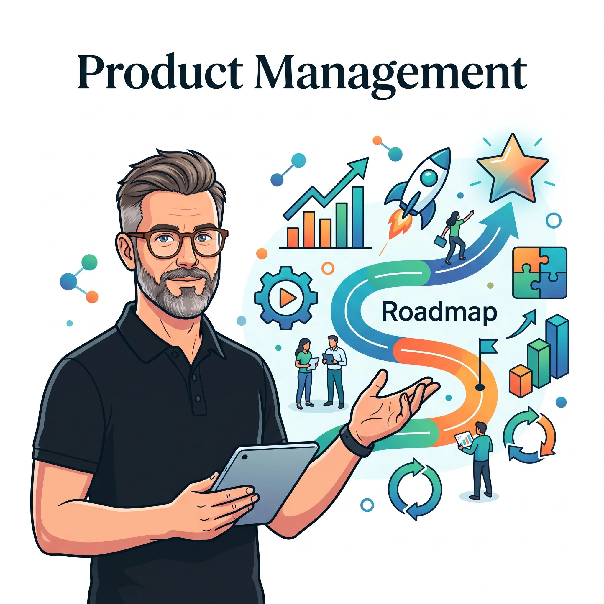 Illustration of a man with glasses and a beard, holding a tablet, with a colorful background featuring charts, rockets, gears, puzzle pieces, arrows, and small group of people, representing product management and roadmap planning.