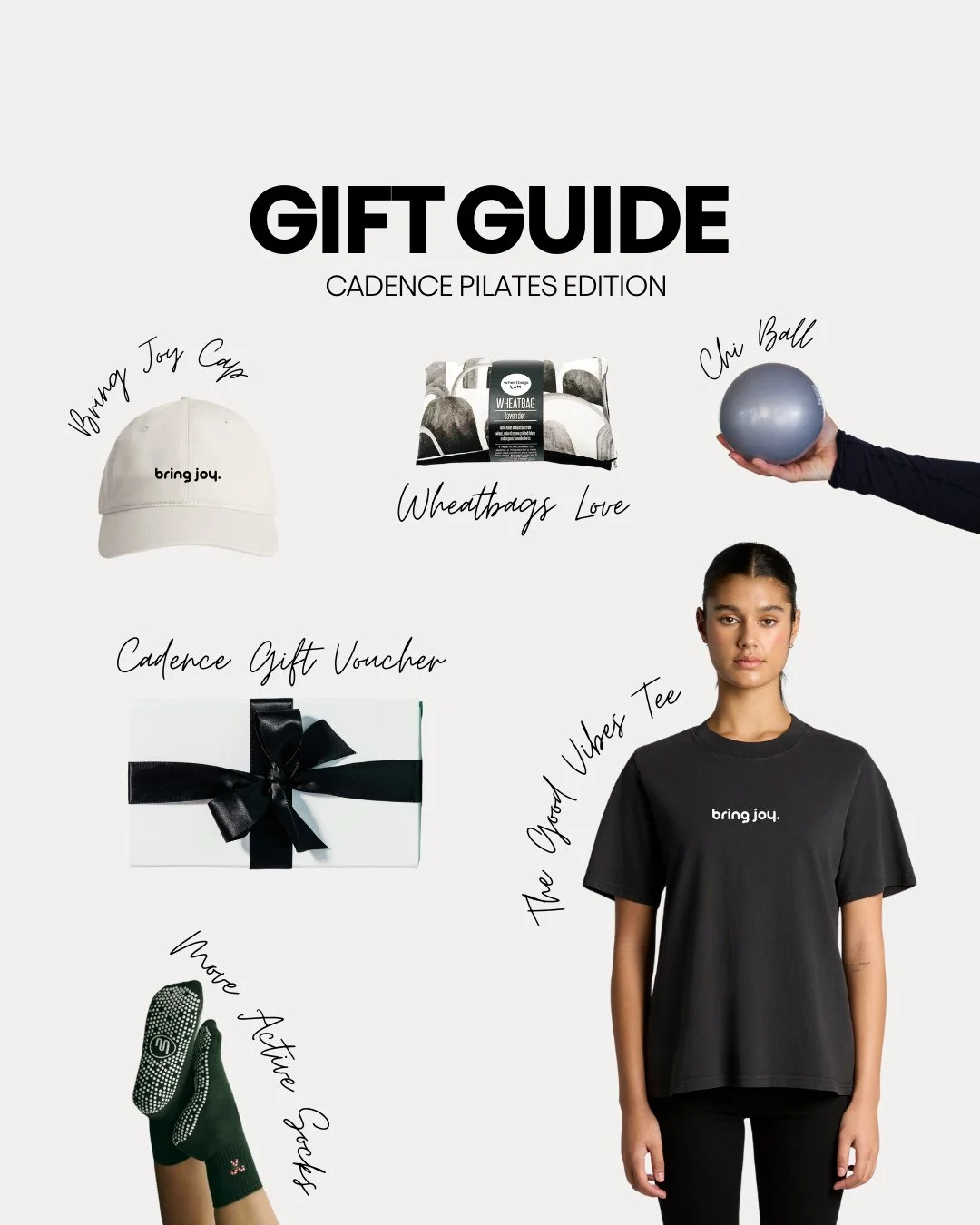 Cadence Pilates Gift Guide ⁠
⁠
Still searching for the perfect gift? We've got you covered! ⁠
⁠
✨ Bring Joy Cap &ndash; For the friend who loves a stylish top-off to their workout look.⁠
✨ Wheatbag &ndash; Cozy vibes, perfect for relaxation or soothi