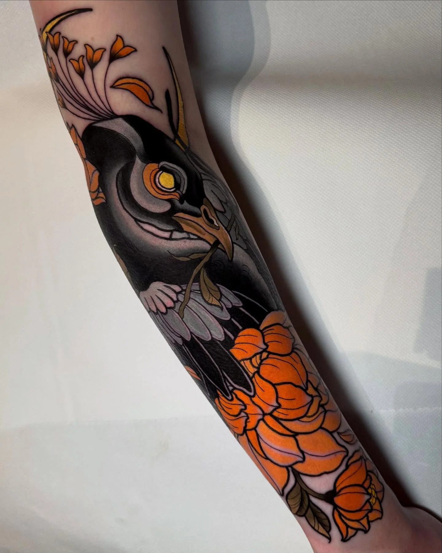 &bull; BLACK PEACOCK &bull; Flash design chosen by @ilseloenders thanks so much girl for always sitting like a rock!💪🏼🖤 Booking are always open guy&rsquo;s! DM to book 💌 #tattoo #neotrad #neotraditional #neotradtattoo #neotraditionaltattoo #neotr