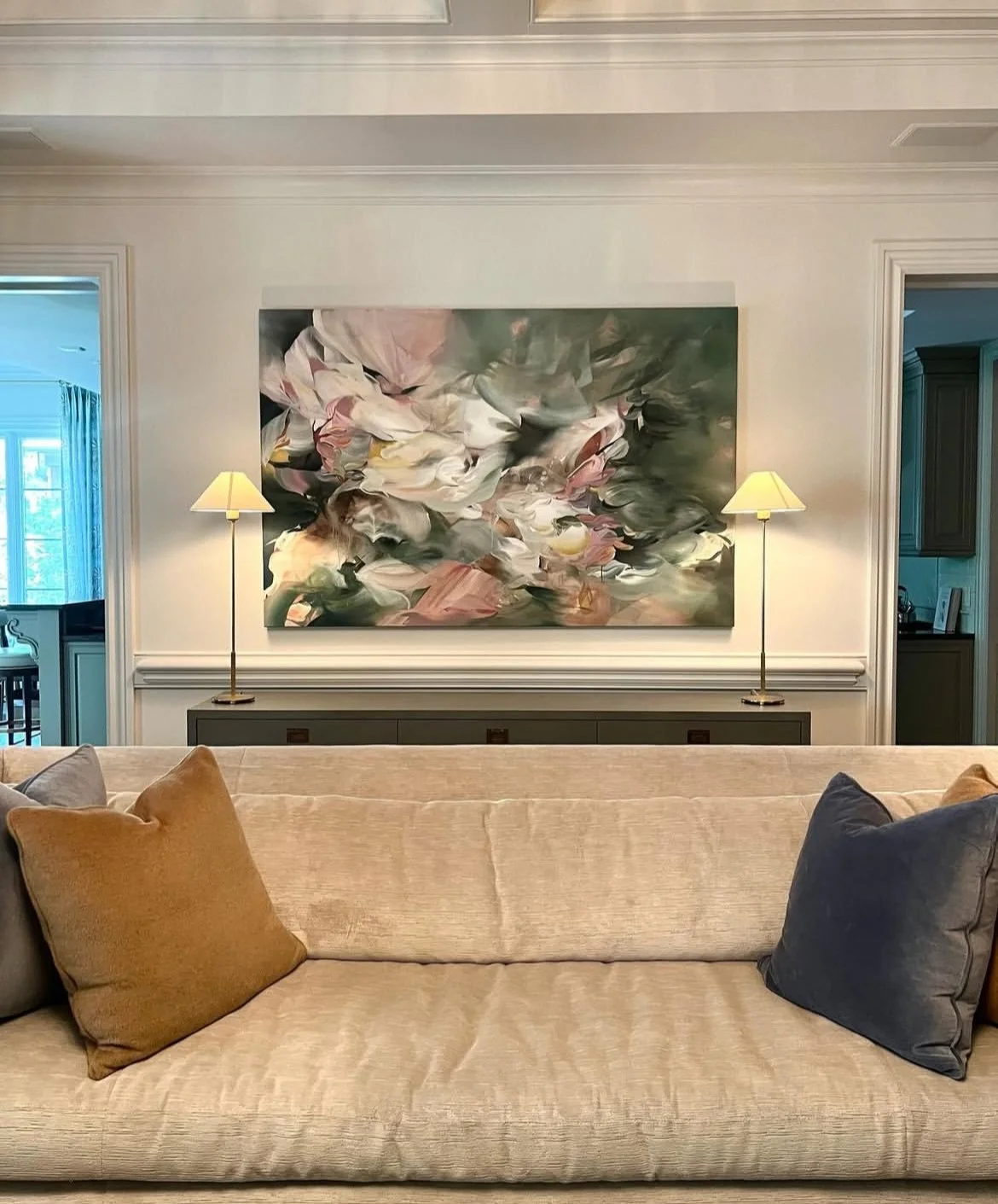I forever daydream about this previous install in a private collection. Client connected beautifully with @sarapittmanstudio atmospheric work. I&rsquo;m a believer every piece finds the perfect home where it was destined to be. I love hearing meaning