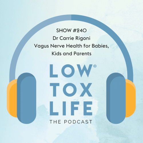 Podcast cover showing large headphones and text for "Low Tox Life" featuring Dr. Carrie Rigoni on children and parents' health, episode 240.