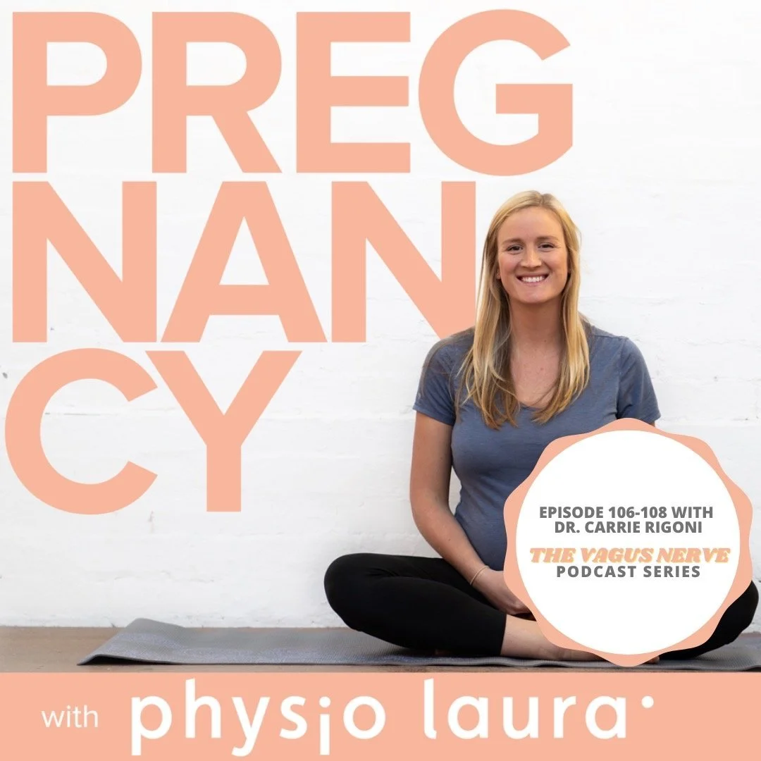 A smiling woman sitting on a yoga mat against a white wall with pink text that reads "Pregnancy" and a white circle with black and pink text about a podcast episode with Dr. Carrie Rigoni.