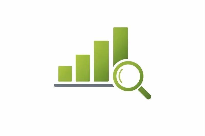 Green bar chart with a magnifying glass icon, symbolizing data analysis or search.