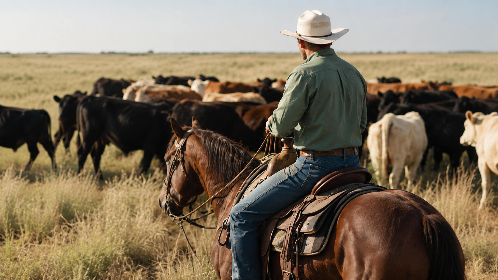 A cowboy wearing a white hat and green shirt riding a brown horse, herding cattle across a grassy plain under a blue sky.