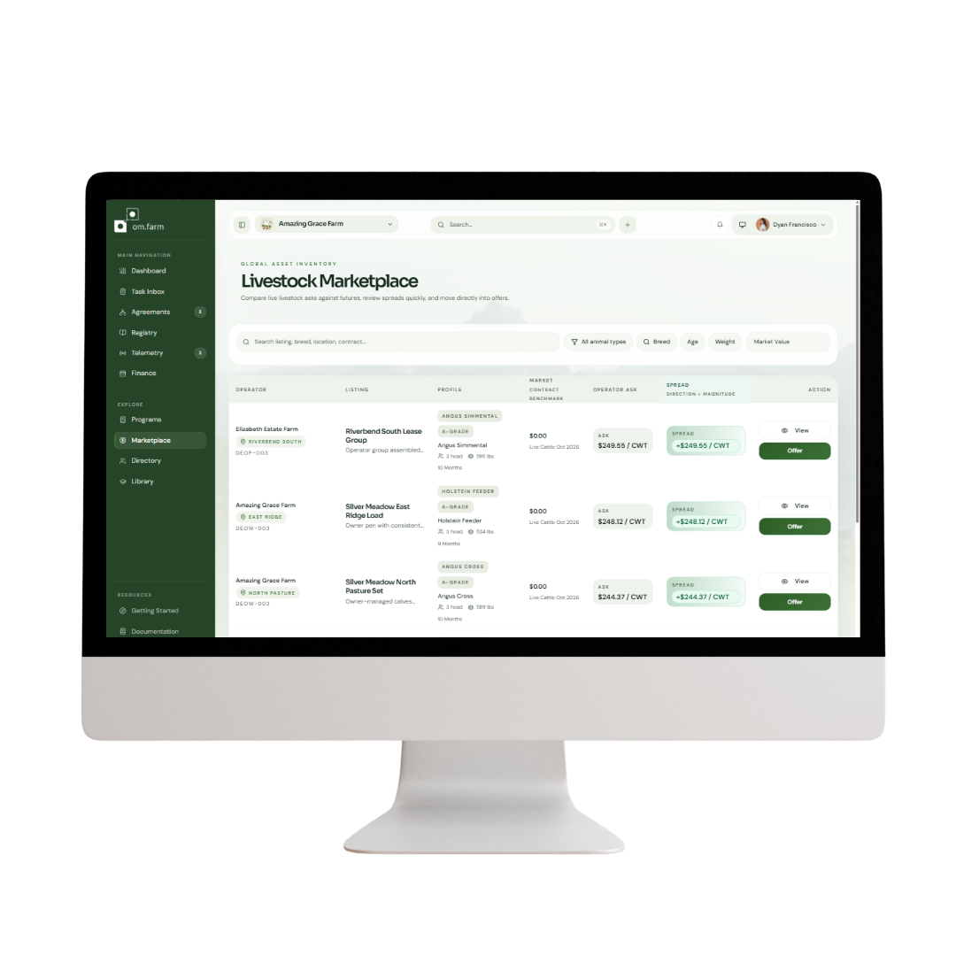 Computer monitor displaying a livestock marketplace dashboard with listings of farms, market contracts, ask prices, and spreads.
