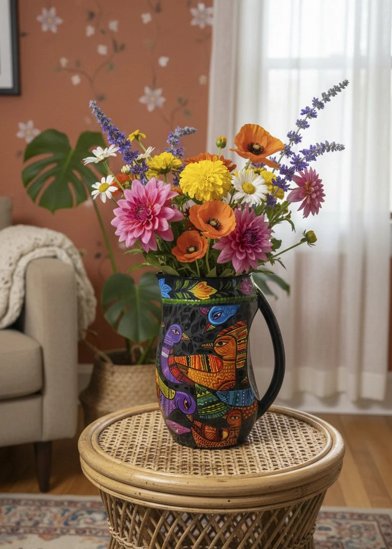 Hand-Painted Folk Art Vase – Colorful Bird Design | Decorative Ceramic Pitcher