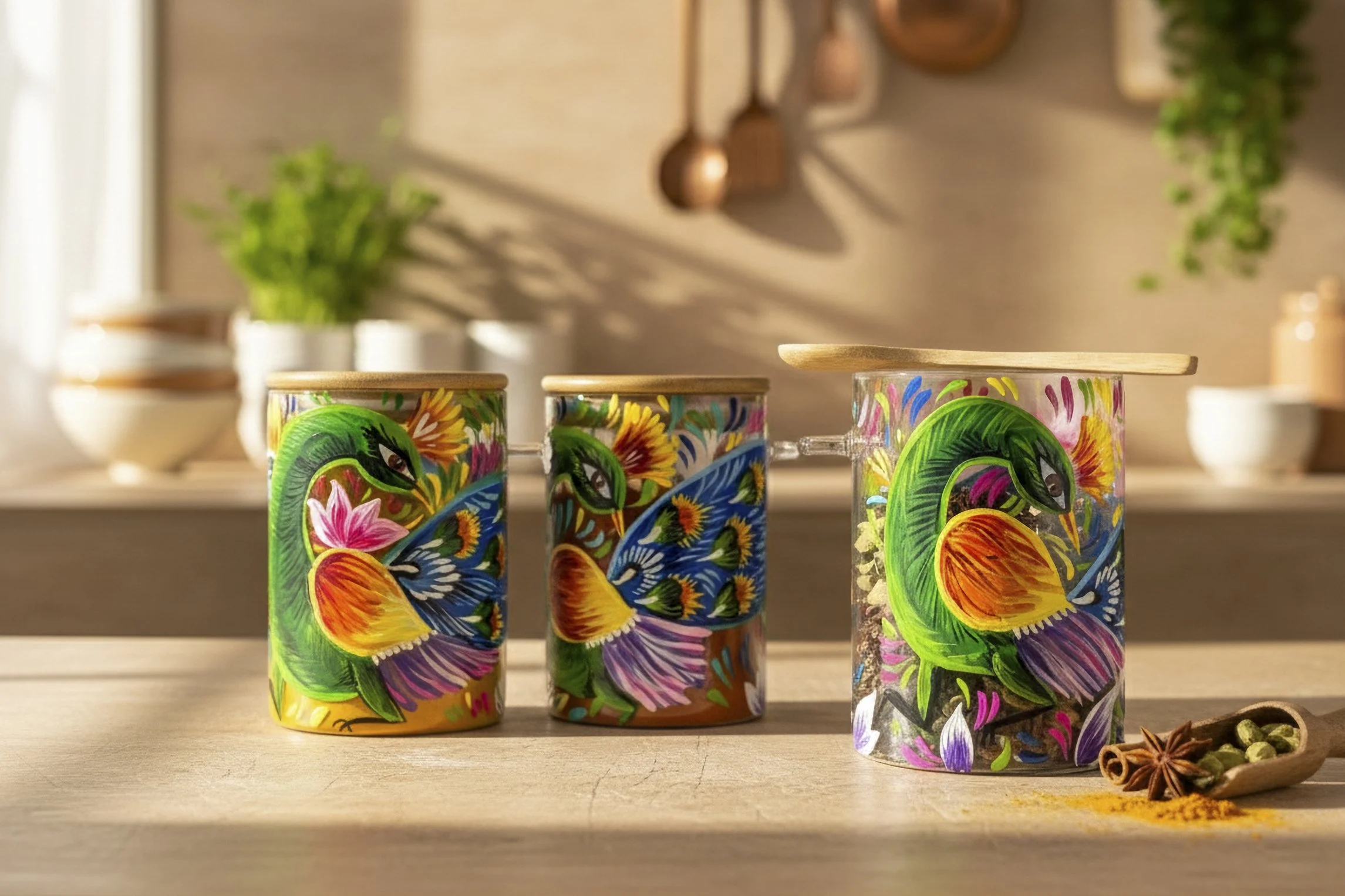 Hand-Painted Peacock Spice Jars (Set of 3) – Artisan Glass Storage with Airtight Bamboo Lids