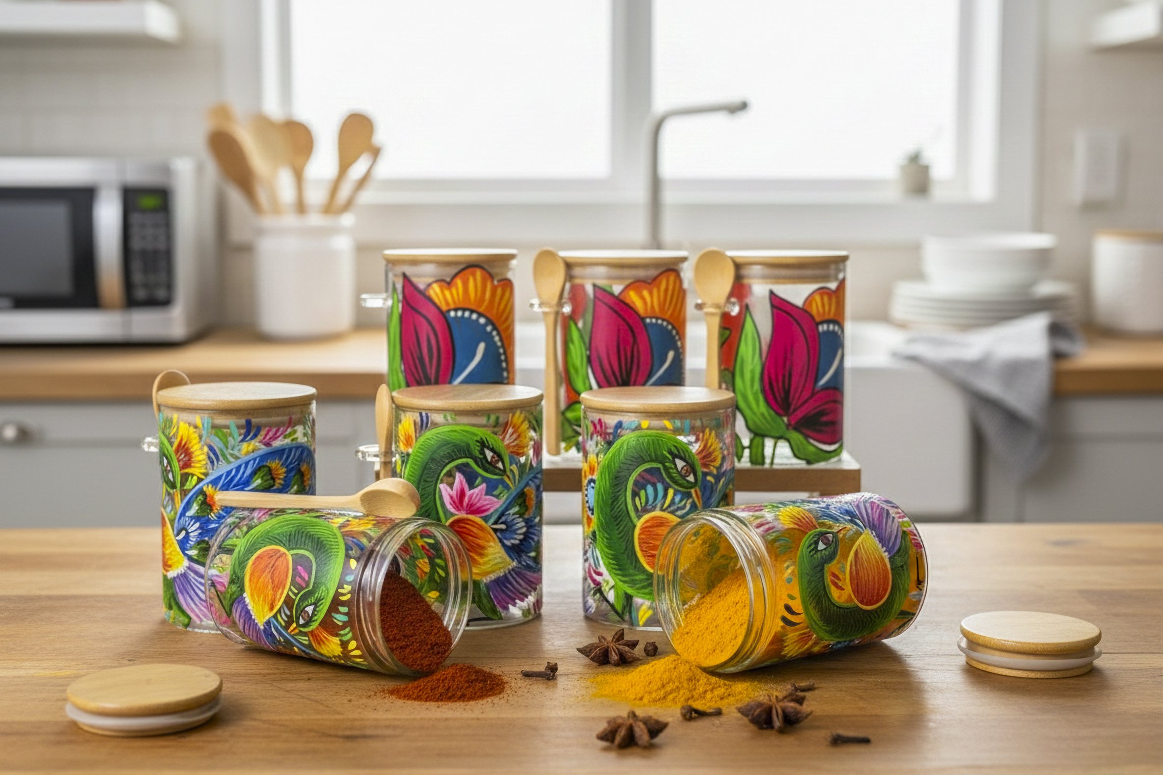 Hand-Painted Glass Spice Jars with Bamboo Lid Kitchen Storage (Set of 6)