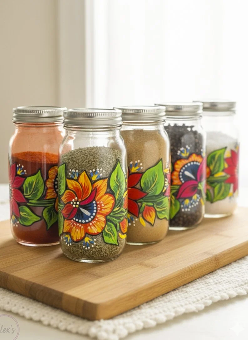 Hand-Painted Floral Spice Jars (Set of 4) – Artisan Glass Storage Containers with Screw-Top Lids