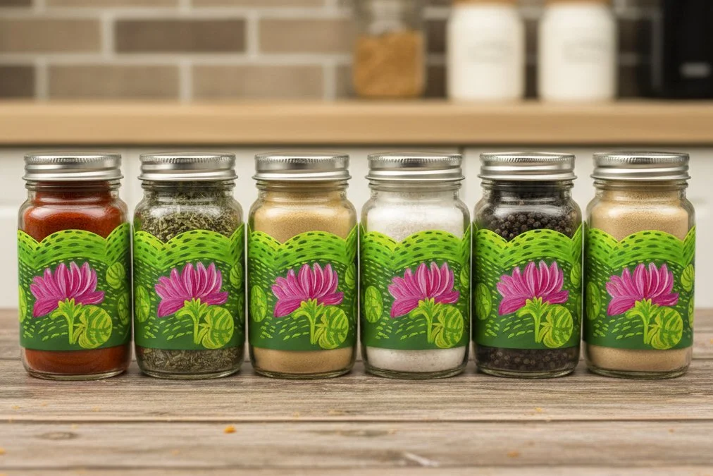 Hand-Painted Lotus Spice Jars (Set of 6) – Artisan Glass Containers with Airtight Metal Lids for Kitchen & Pantry Storage