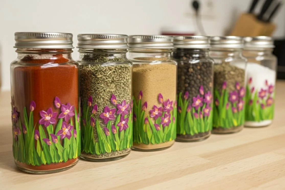 Hand-Painted Floral Spice Jars (Set of 4) – Artisan Glass Containers with Airtight Metal Lids