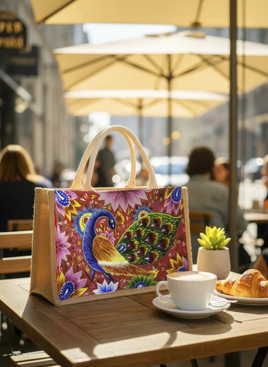 Hand-Painted Peacock Jute Bag