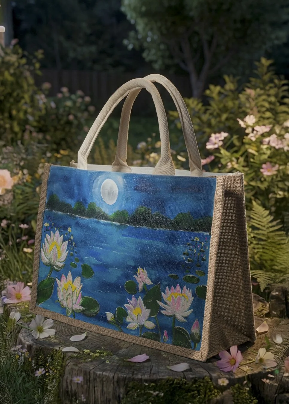 Hand-Painted “Moonlit Lotus Lake” Jute Tote Bag