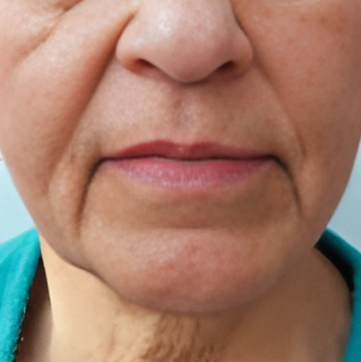 Close-up of a person's lower face showing skin texture, lips, and part of a teal shirt.