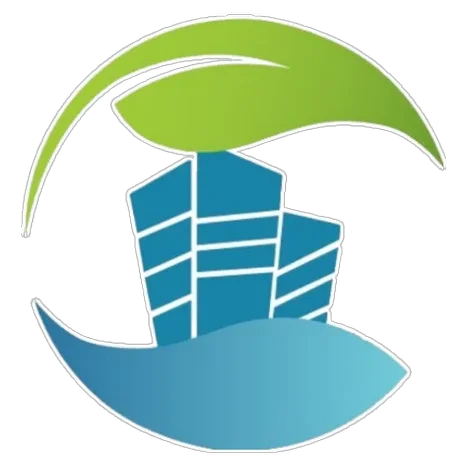 Logotipo con un edificio azul, una hoja verde y un arco azul claro que representan sostenibilidad y medio ambiente.