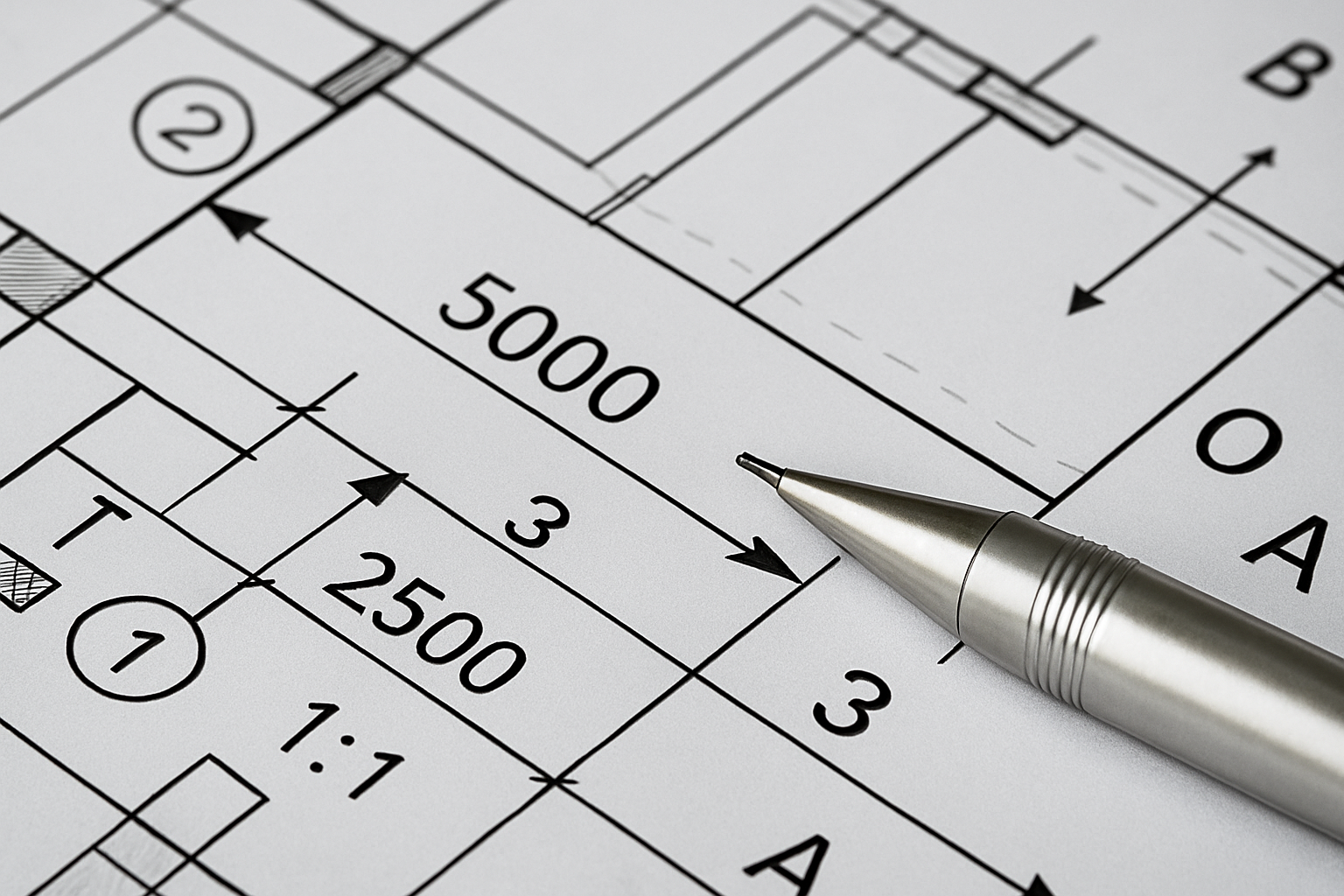 Technical drawing or blueprint with measurements, a silver pen resting on it, and various numerical annotations and lines.