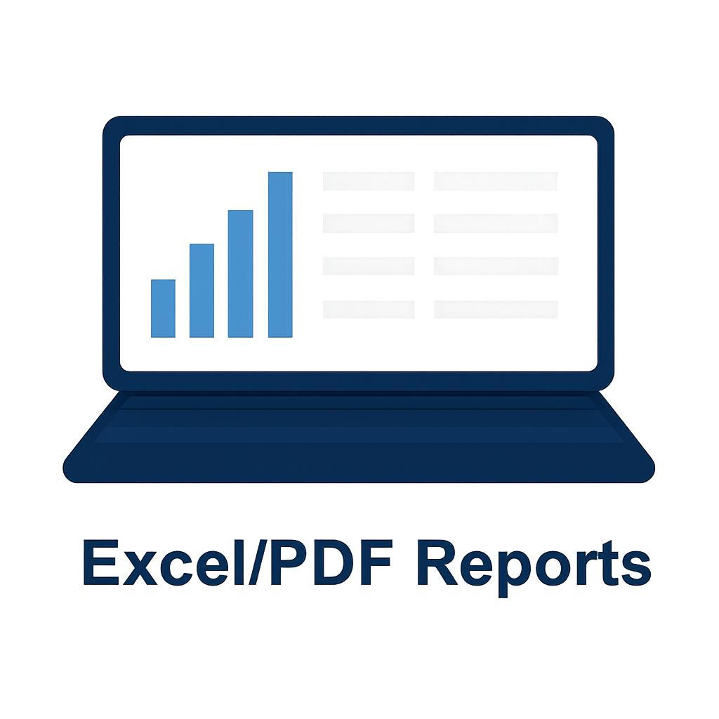 A laptop computer displaying a bar chart and a stylized spreadsheet or report on the screen. Text below the laptop reads 'Excel/PDF Reports'.