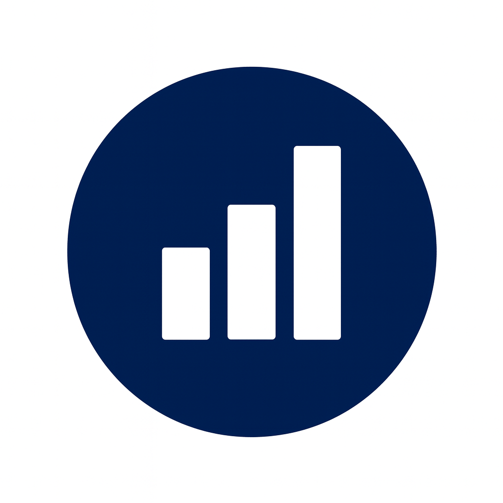 Bar chart icon with three ascending bars inside a dark blue circle.