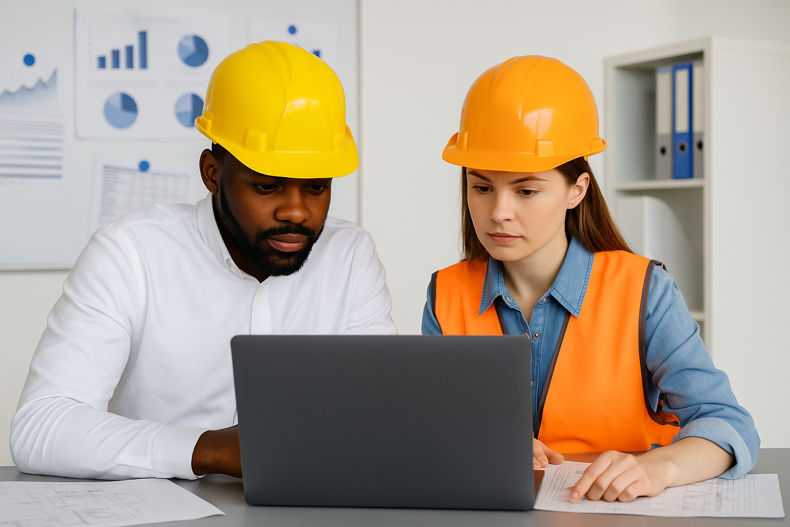 Two construction workers, a man and a woman, wearing safety helmets and vests, working together on a laptop at a desk in an office setting.