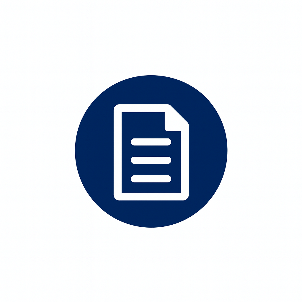 Icon of a document with horizontal lines, inside a navy blue circle.