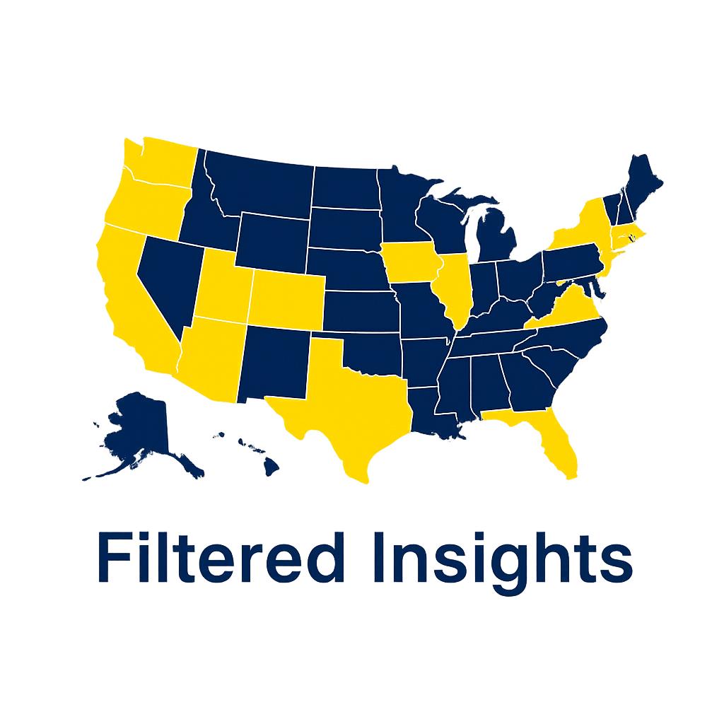 Map of the United States with some states highlighted in yellow and others in dark blue, accompanied by the text 'Filtered Insights' at the bottom.