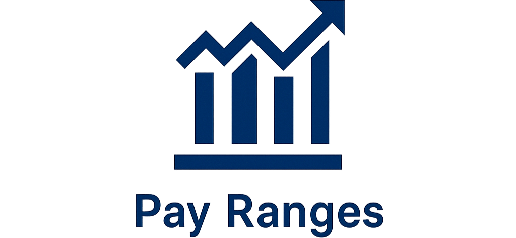 A logo featuring a blue bar chart with an upward trending arrow on top, and the words "Pay Ranges" below.