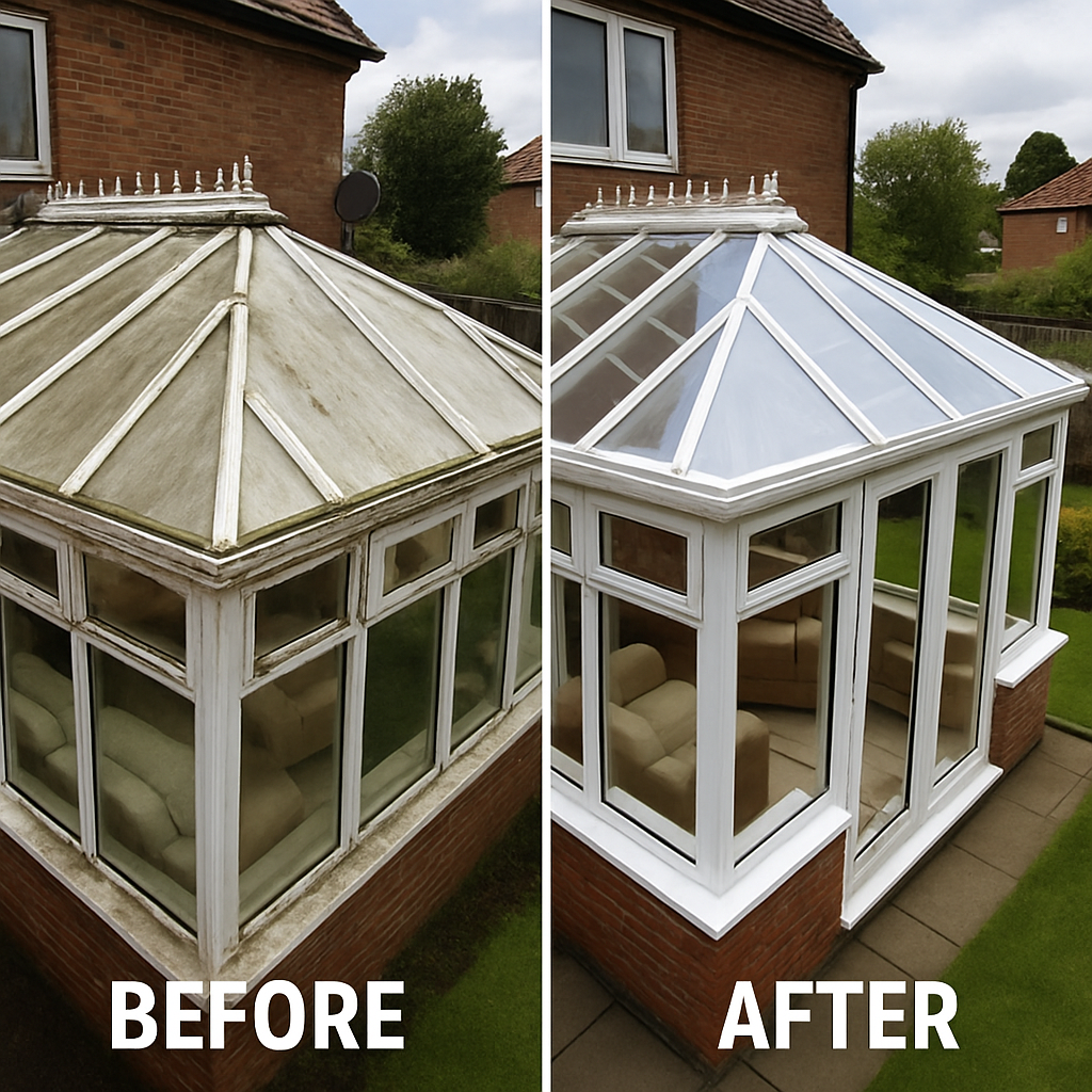 Comparison of a brick house conservatory before and after renovation. The left side shows the old, weathered conservatory with dirty, discolored panels and frames. The right side shows the renovated conservatory with clean, white frames and new glass panels, inside are visible beige sofas. The background includes a brick house, trees, and cloudy sky.