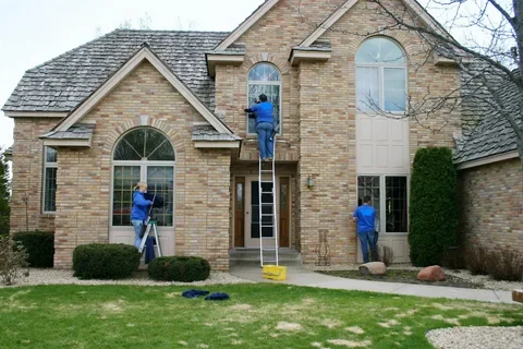 Three workers cleaning windows on a brick house with a front lawn and trees.
