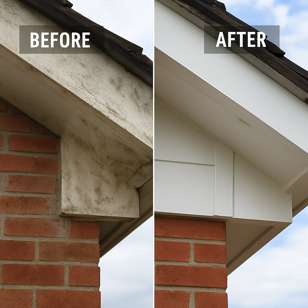 Comparison of a dirty, stained part of a house's exterior corner before cleaning and a clean, freshly painted view after cleaning and repainting, showing improvements in cleanliness and appearance.