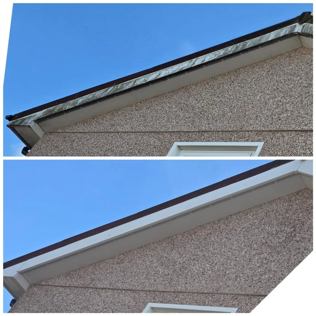 Comparison of a house's gutter, showing an old, rusty gutter in the upper part and a new, clean gutter in the lower part.