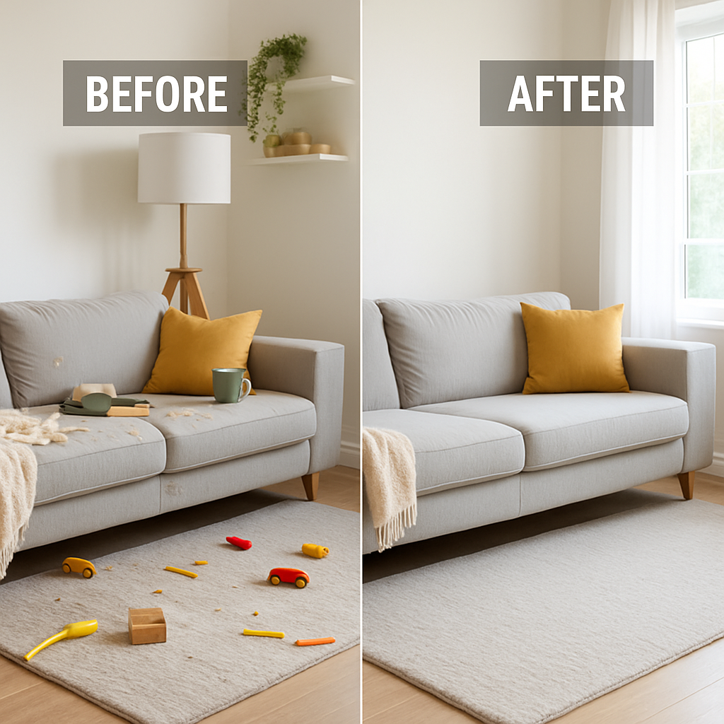 Comparison of a living room with a cluttered rug and toys on the floor before cleaning, and a tidy rug after cleaning. The sofa has a yellow pillow, and the room has a bright, minimal decor with a lamp and wall shelves.