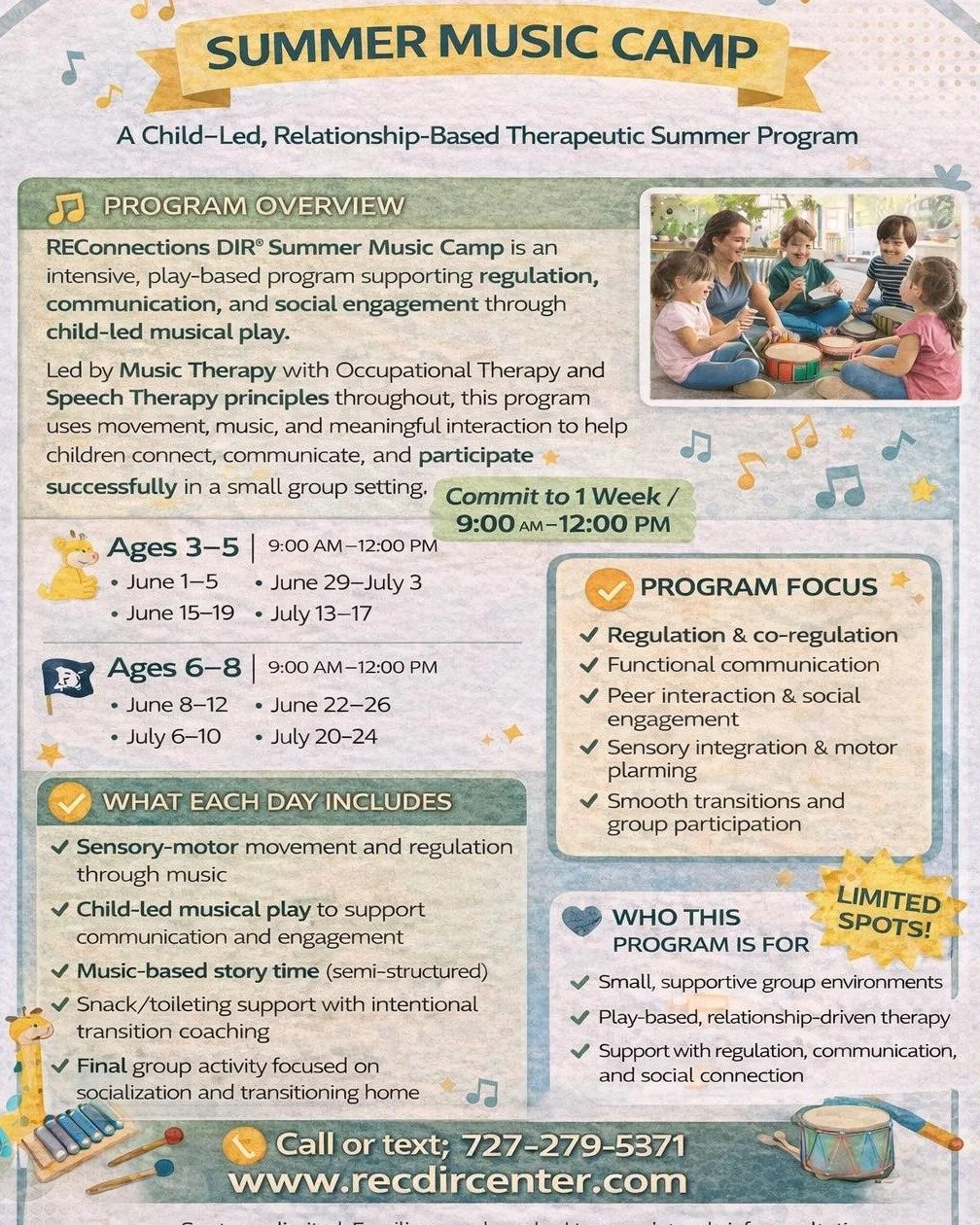 🌞🎶 REConnections DIR&reg; Summer Music Camp 🎶🌞

This summer, REConnections DIR&reg; Center is offering a child-led, relationship-based Summer Music Camp for children ages 3&ndash;8. This therapeutic program is designed to support regulation, comm