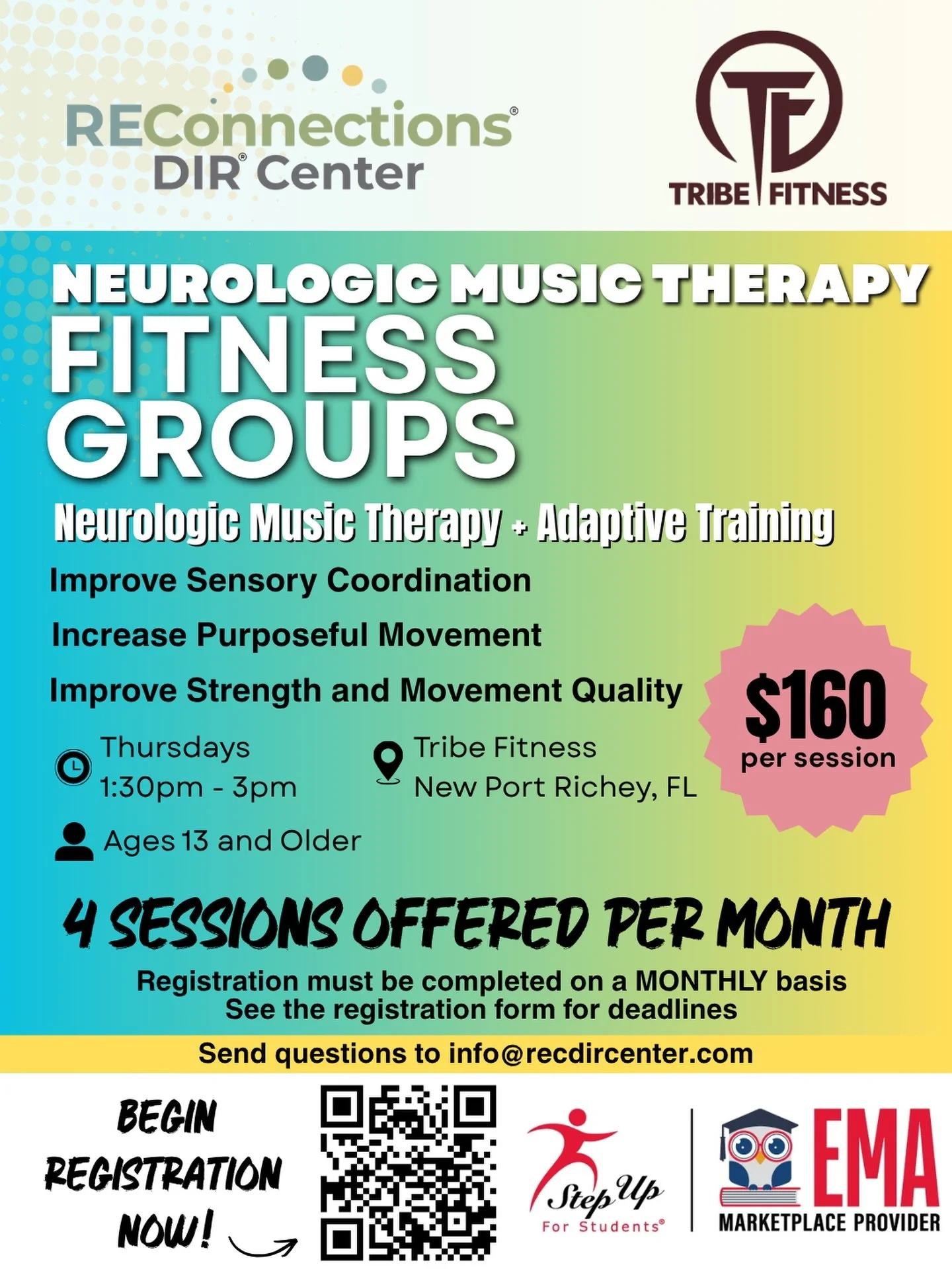 We are excited to announce that Neurologic Music Therapy Fitness Groups by REConnections DIR Center and Tribe Fitness will be offered 4 times per month starting in October! The deadline to register for all October options is Tuesday, 10/06.

Particip