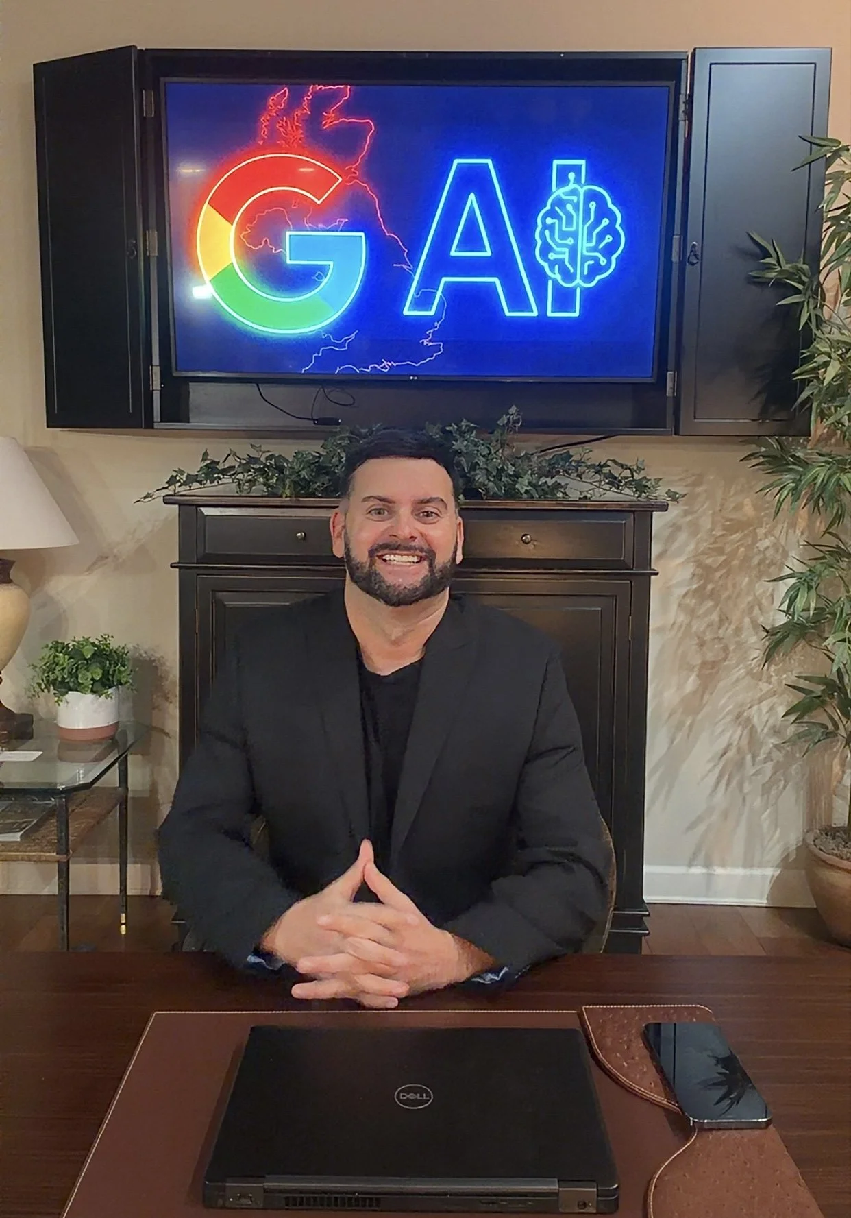 A man with a beard sitting at a desk, smiling, in front of a laptop, with a smartphone on the desk, indoors with plants and a dark cabinet behind him. A neon sign with the Google logo and a brain image is on the wall behind.