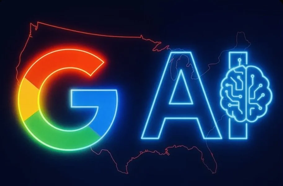 Neon sign depicting the word 'GAP' with the 'G' in rainbow colors, 'A' in blue outline, and a blue outline brain with circuits, over a map of the United States.Google logo powered with AI logo