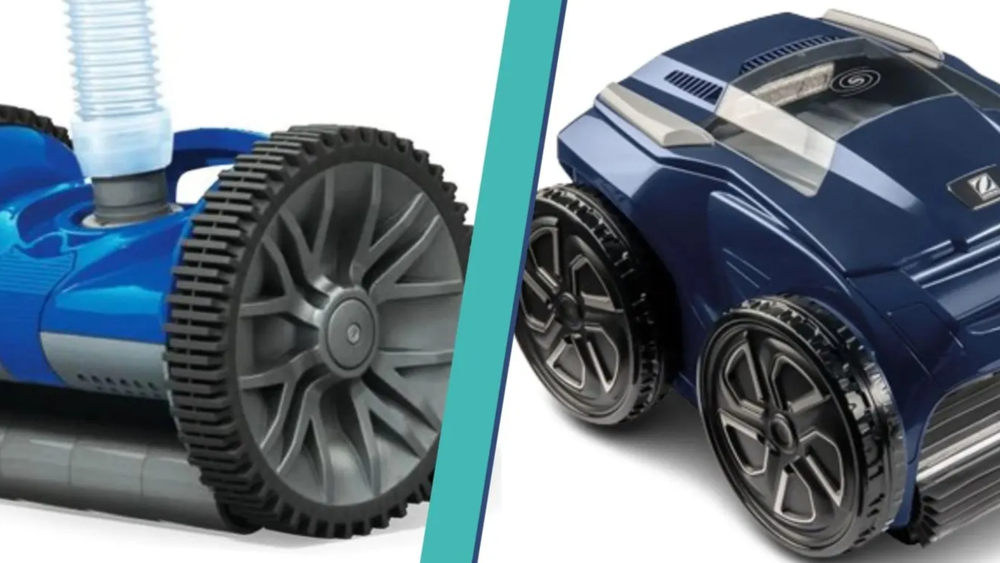 Suction and robotic pool cleaners side by side
