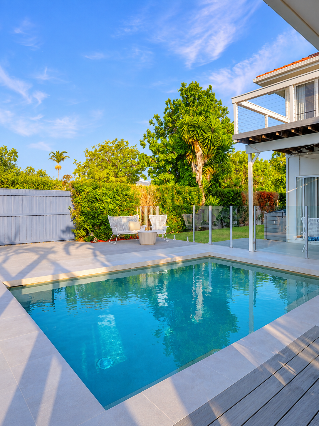 Bright rectangular swimming pool with pale tiled surrounds beside a two storey home in Parrearra.