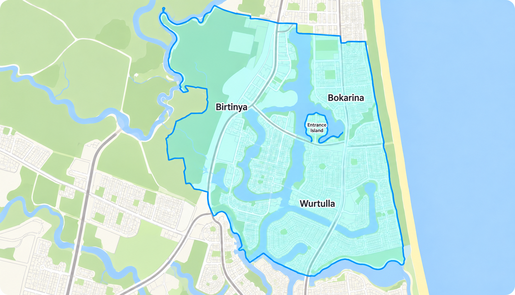 Map showing the Clarity Pool Services service area across Bokarina, Birtinya and Wurtulla