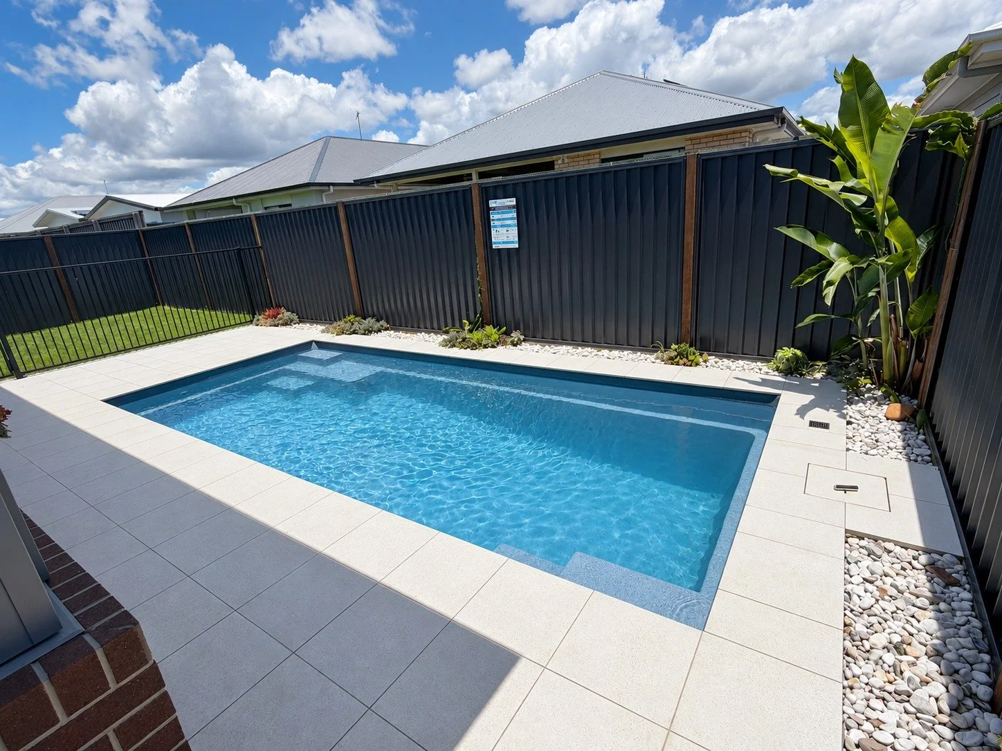 Rectangular pool with pale paving, white pebble borders and tropical plants in Palmview.