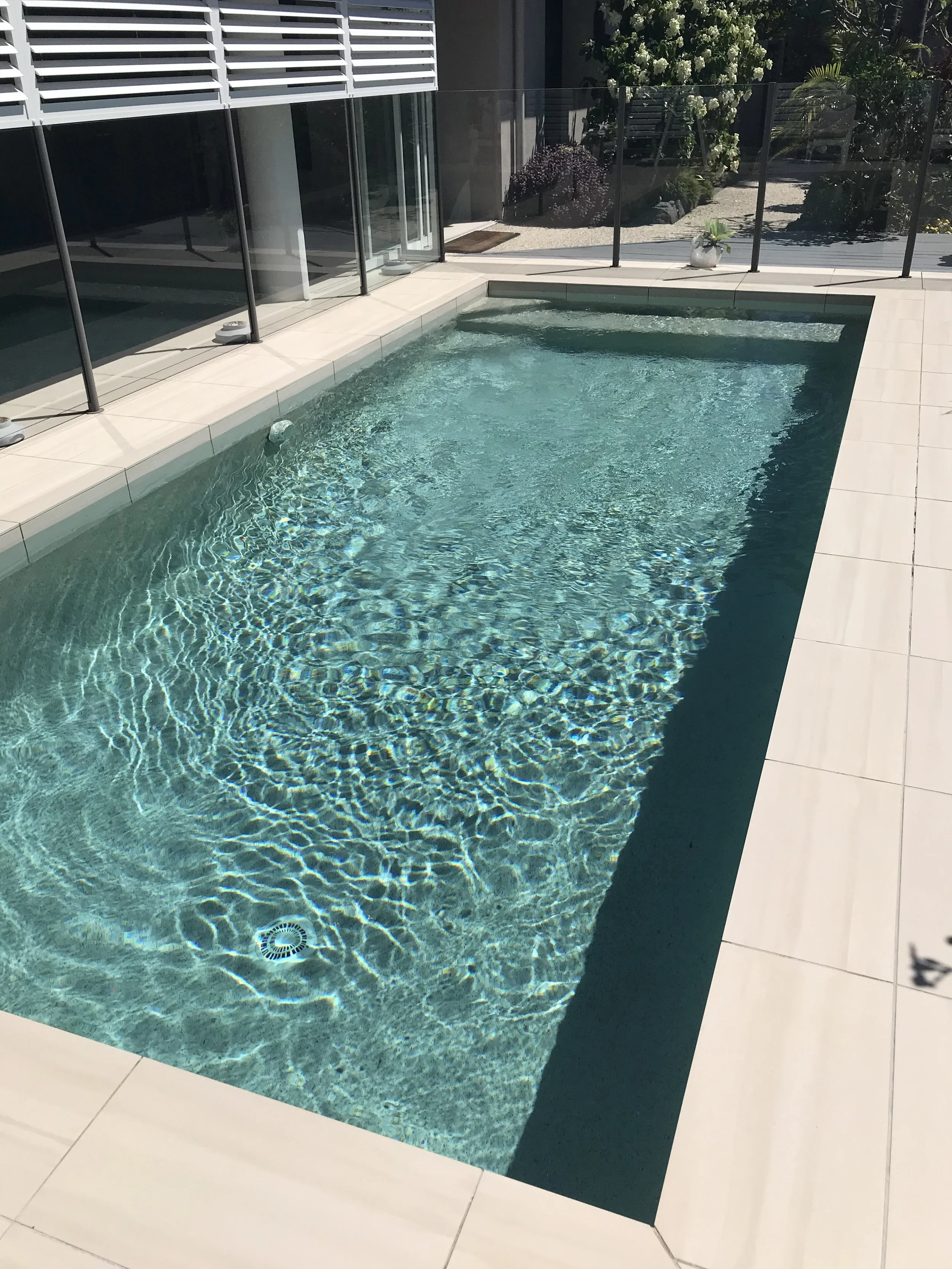 Rectangular swimming pool with sparkling clear water, pale tiled paving and glass fencing beside a modern home in Parrearra.