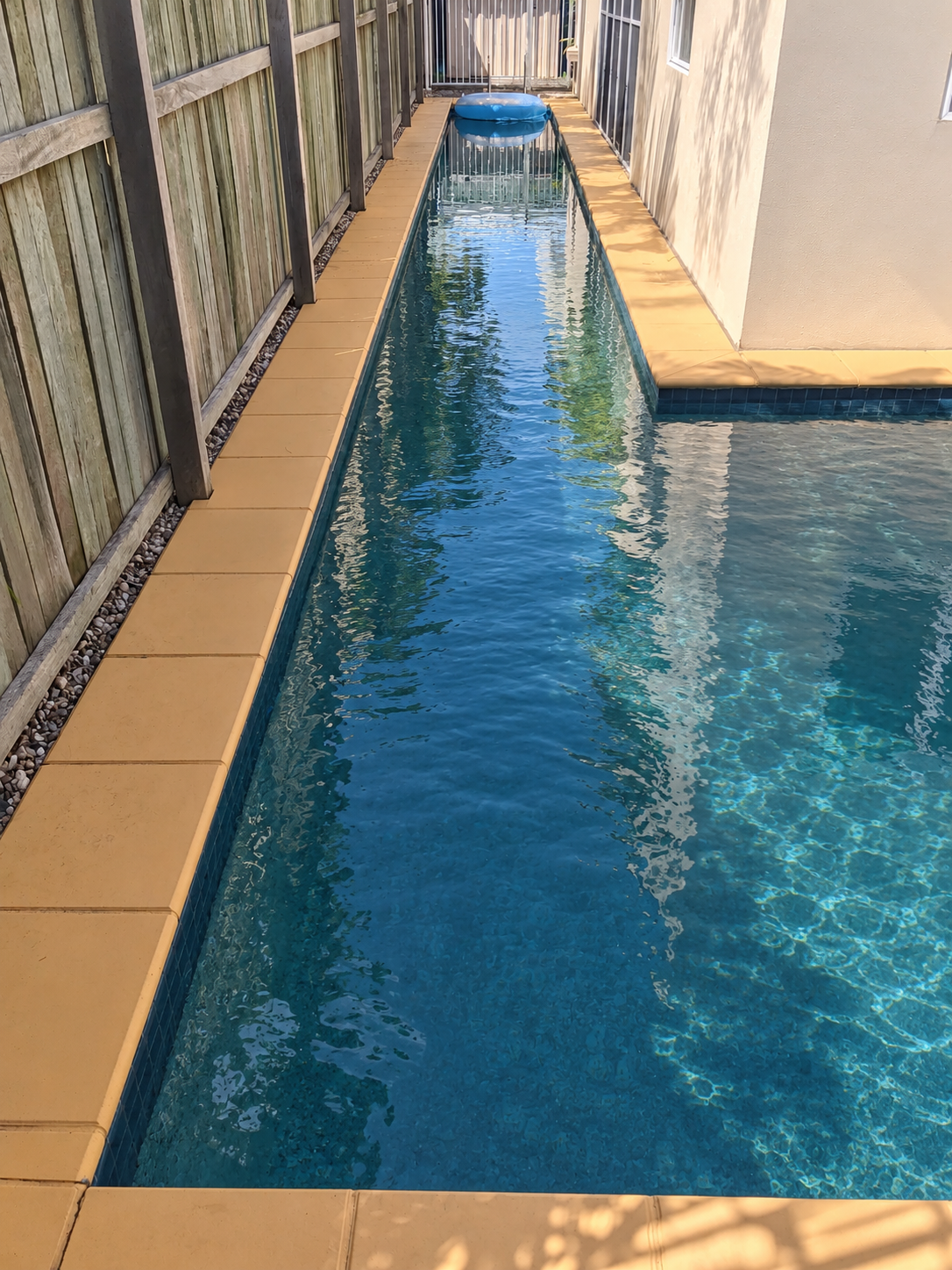 Narrow swimming pool beside a Maroochydore house, with blue water, golden paving and a timber boundary fence.