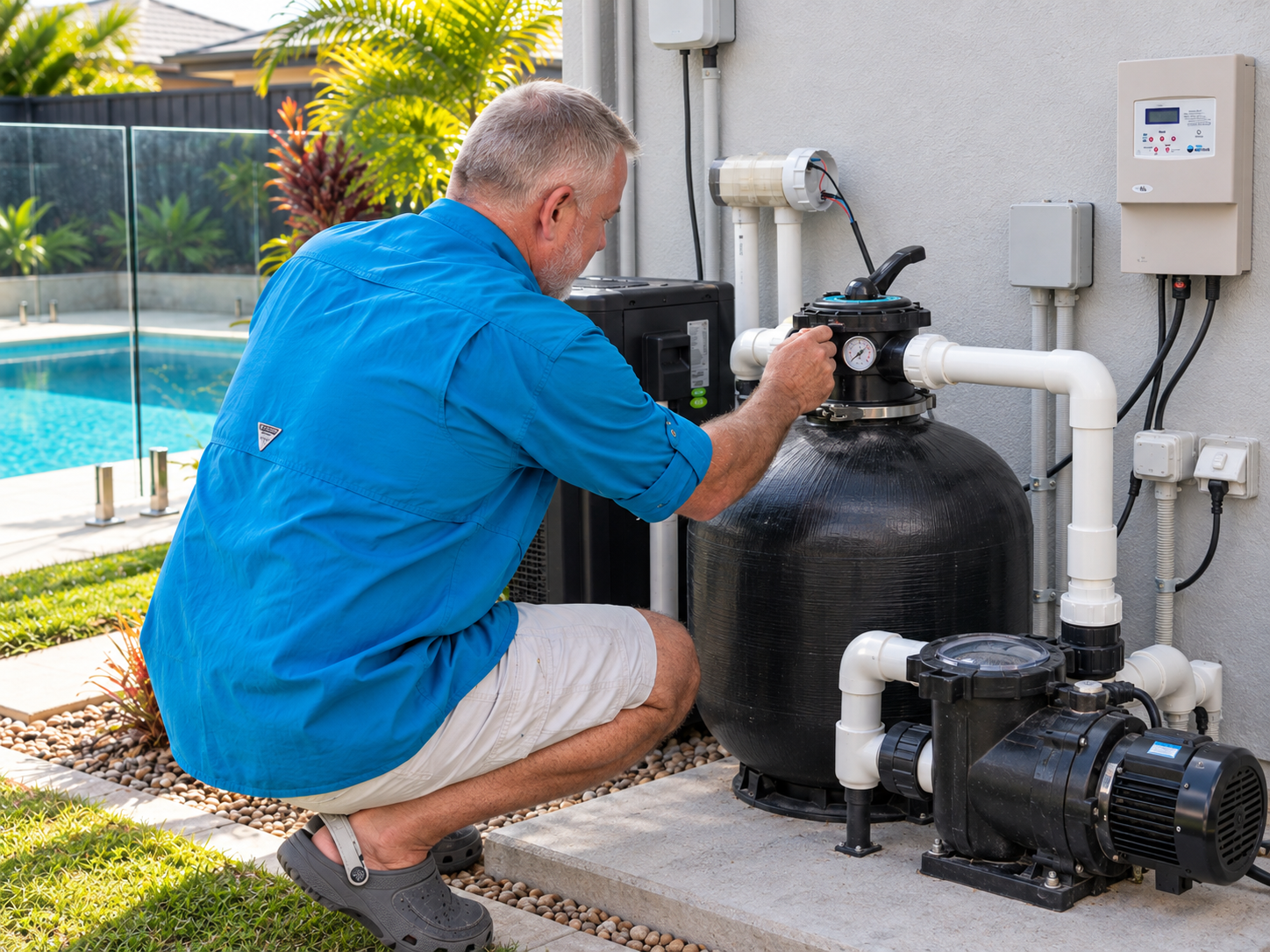 Matt checking swimming pool equipment