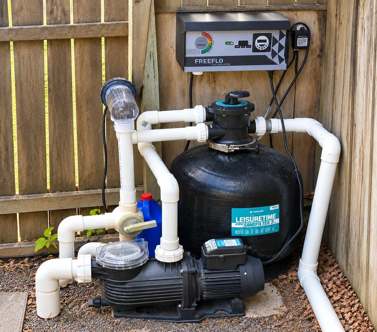 A photo of a pool filter, pool pump and chlorinator