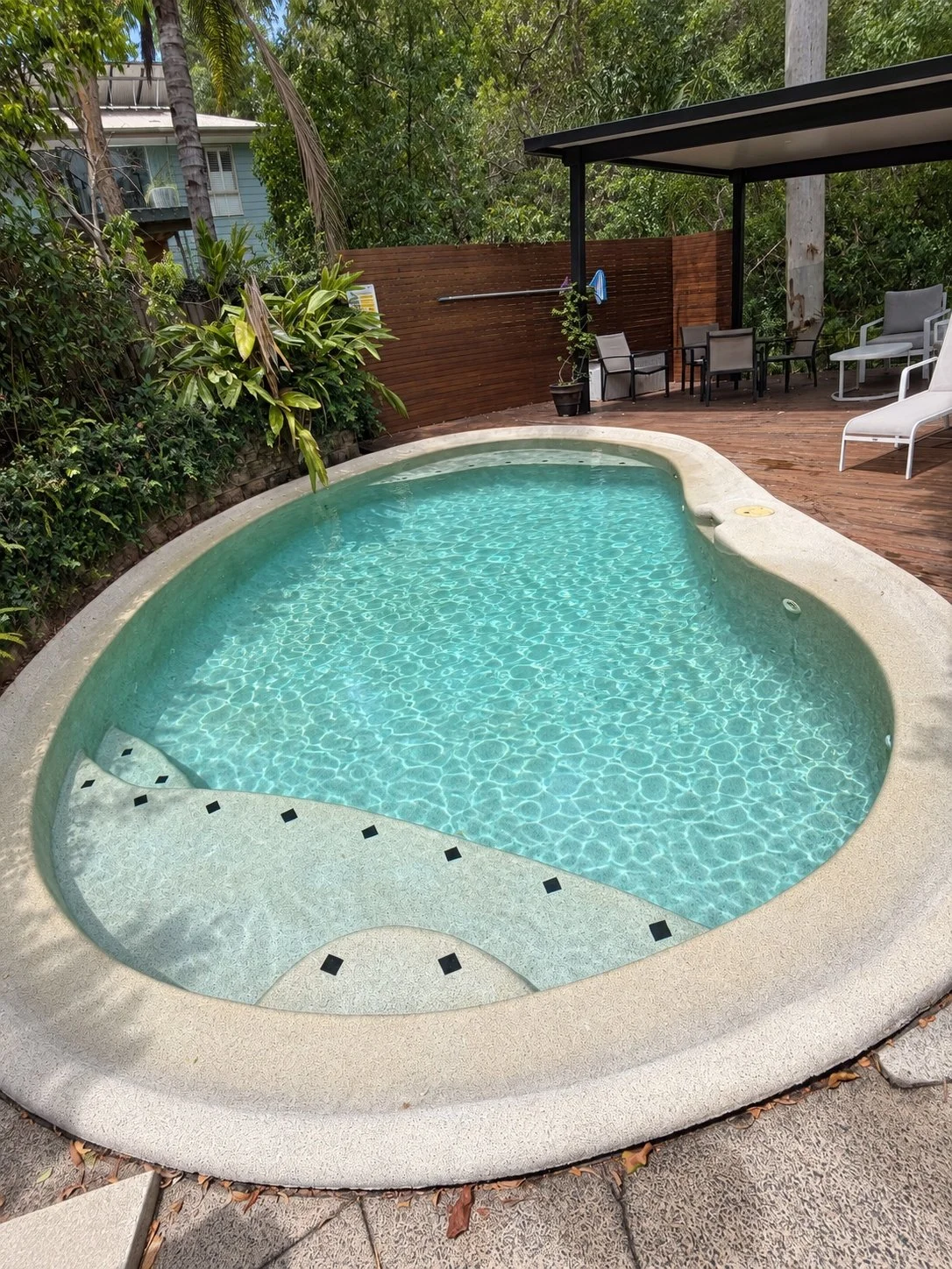 Freeform swimming pool beside a timber deck and established garden in Buderim.