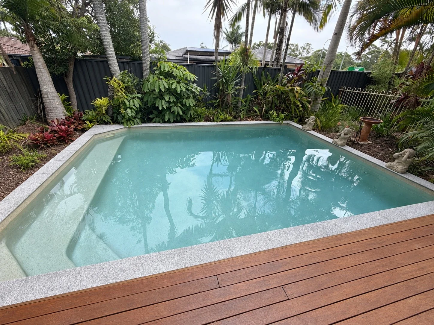 Rectangular swimming pool bordered by a timber deck, tropical palms and stone garden statues in Buderim.