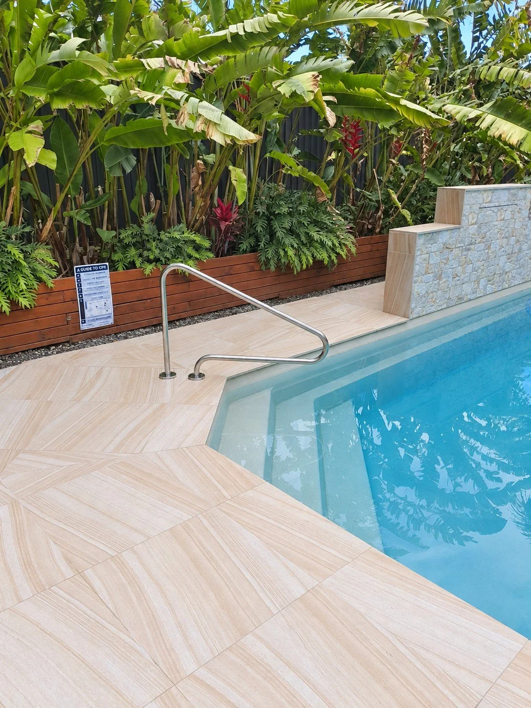 Pool entry steps with a stainless steel handrail and tropical garden in Mooloolah Valley.