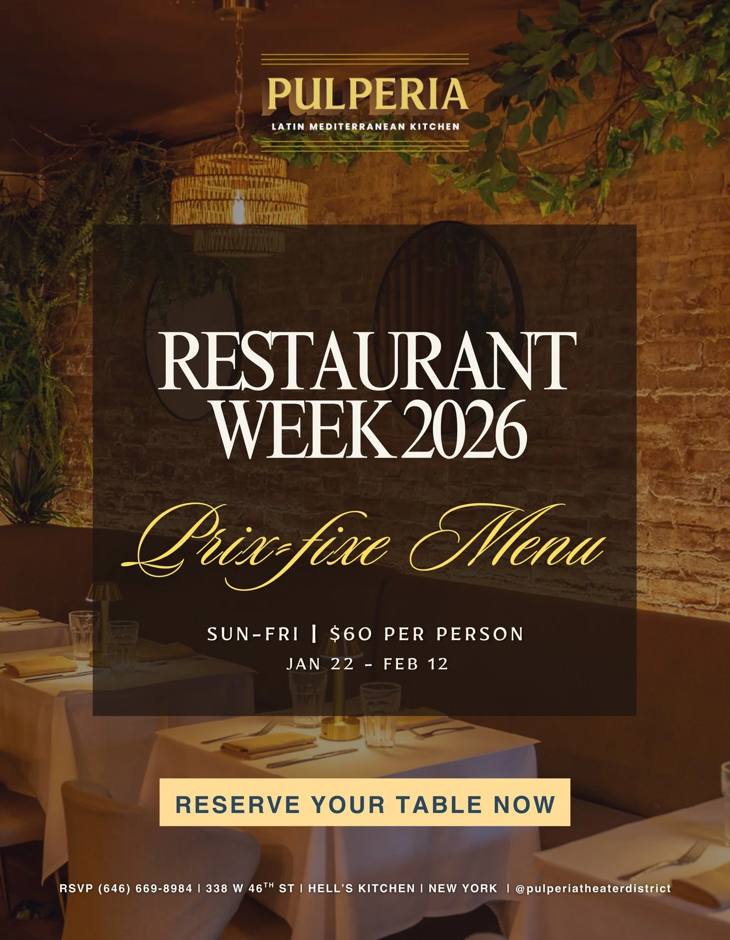 Restaurant Week 2026 has arrived ✨
Join us at Pulperia for a $60 prix-fixe dining experience featuring vibrant starters, signature mains, paellas for two, and decadent desserts

🗓️ Mon-Sat | Jan 22 - Felo 12
🍽️ Latin-Mediterranean flavors, elevated