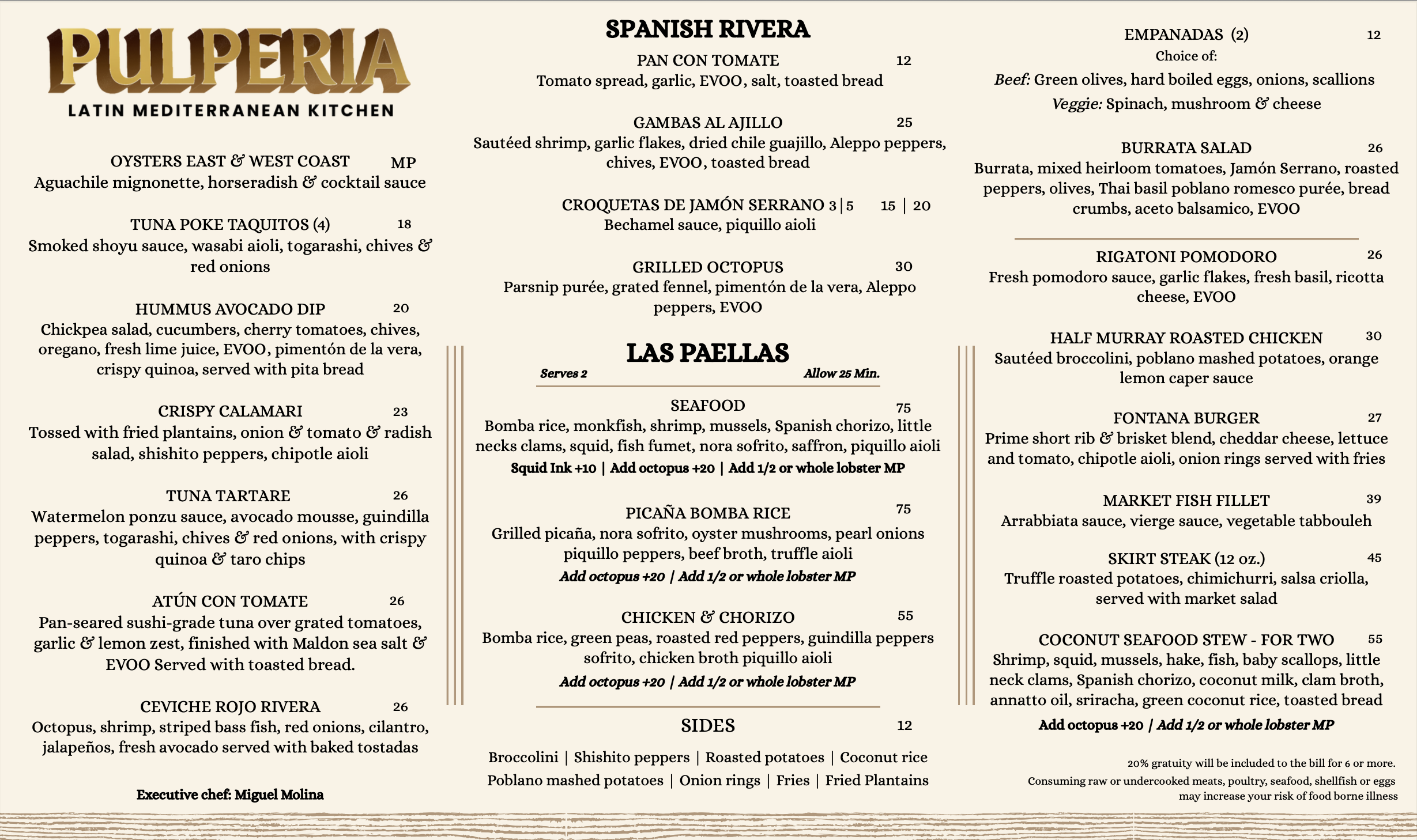 Dinner menu from Pulperia Latin Mediterranean Kitchen, including various tapas, paellas, side dishes, and specialty entrees.
